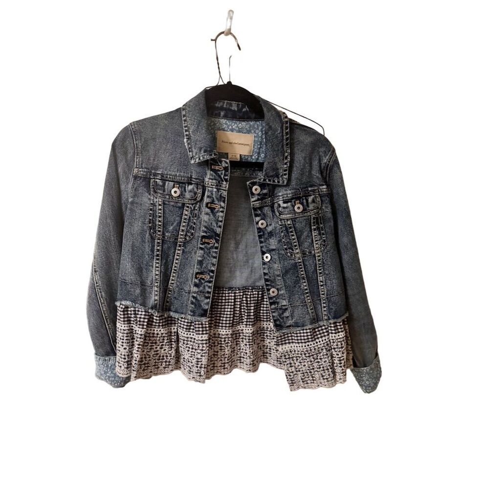 Anthropologie Pilcro Eyelet Denim Jacket XS Blue Button-Front Ruffle Trim